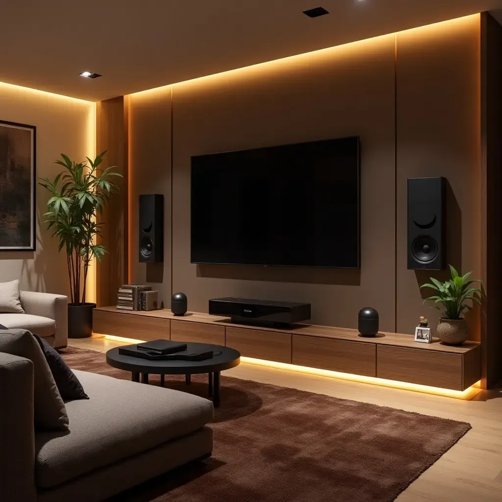 a photo of a tech-savvy living room with integrated sound systems and smart lighting