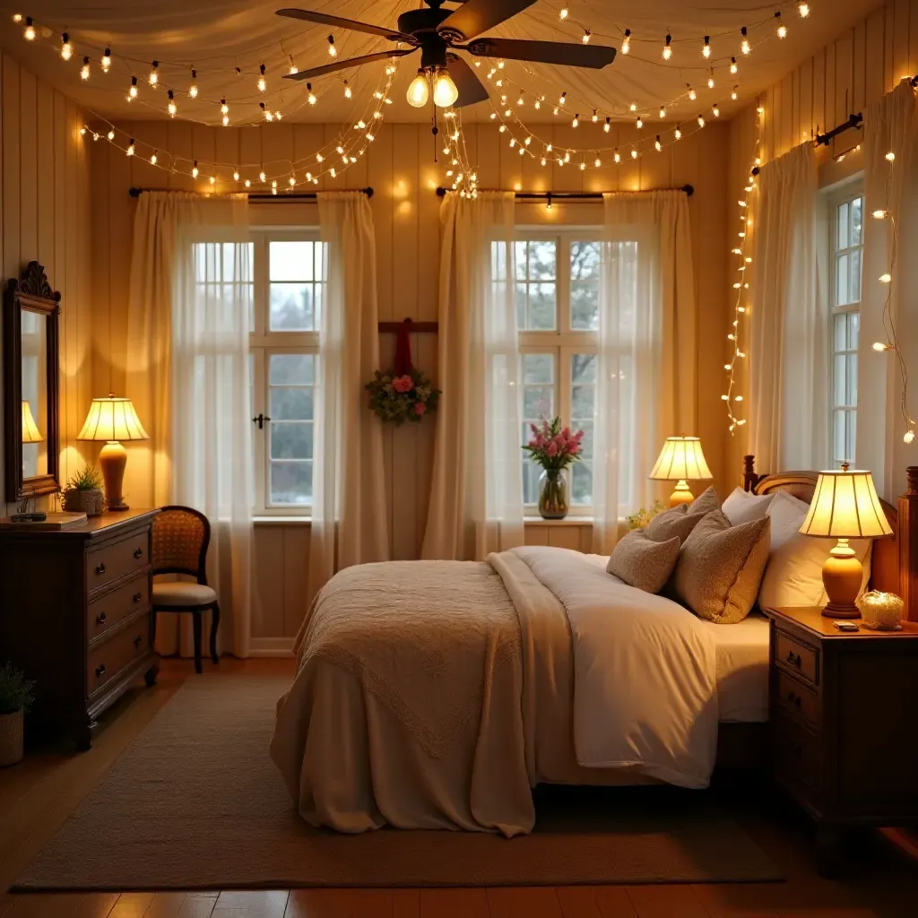 a photo of a whimsical bedroom with a farmhouse touch and fairy lights