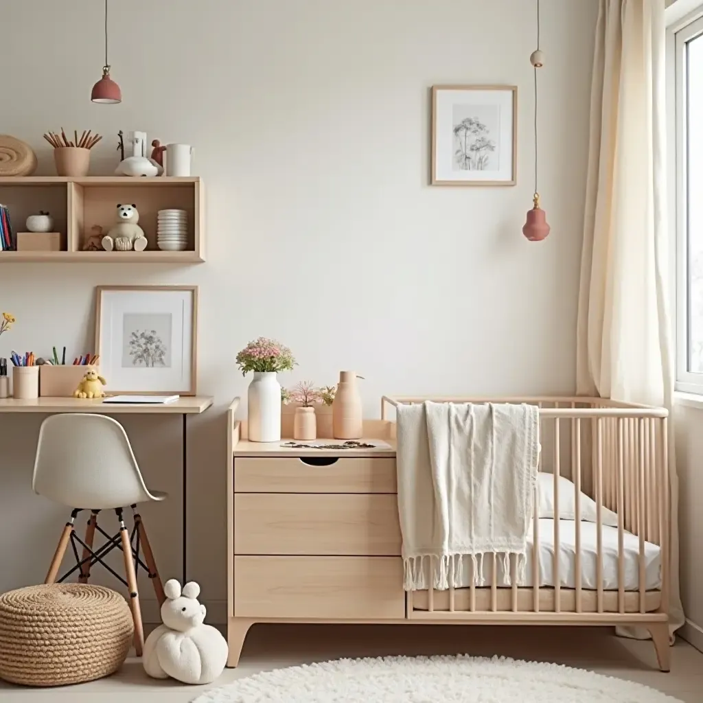 a photo of a nursery showcasing a creative art supply station