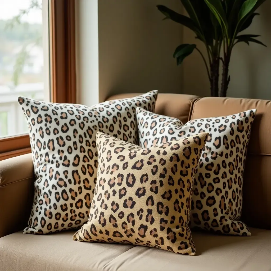 a photo of throw pillows with animal prints in a safari-themed room