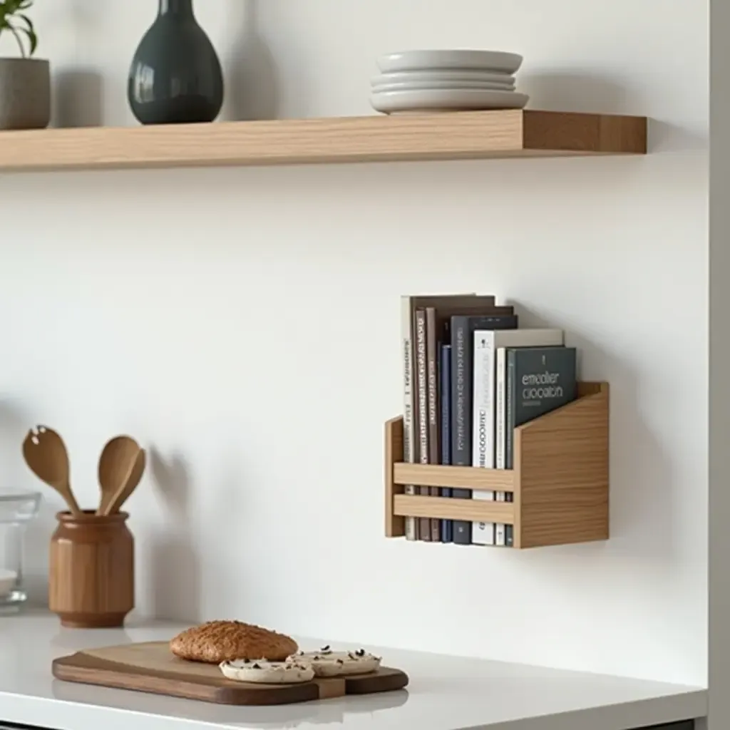 a photo of a wall-mounted cookbook holder in a stylish kitchen