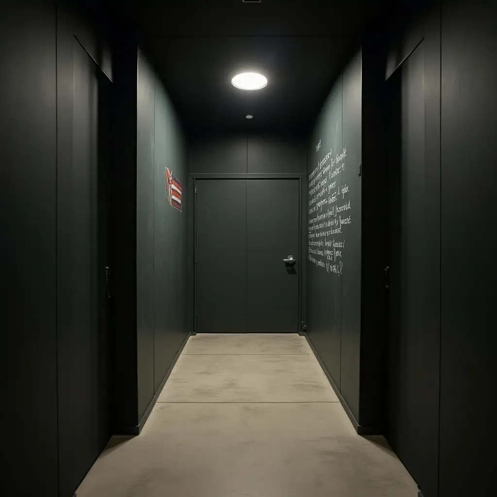 a photo of a narrow corridor with a chalkboard wall for notes