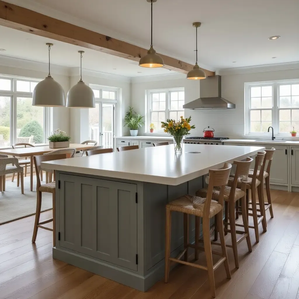 a photo of a farmhouse kitchen island with a large dining table extension