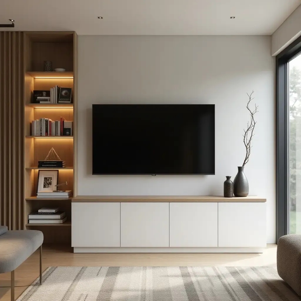 a photo of a TV room with a smart wall unit for storage and display