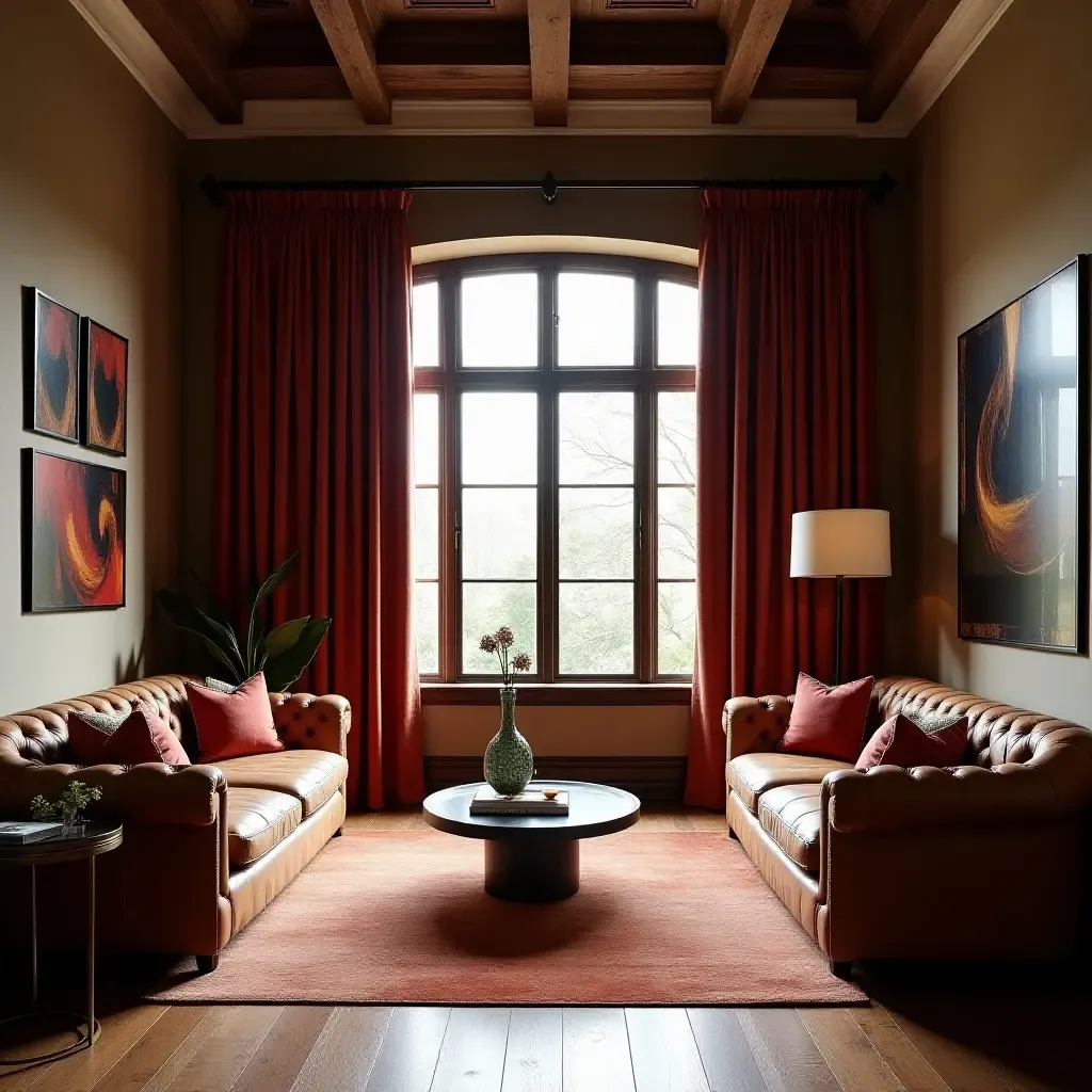 a photo of a classic living room featuring velvet curtains, wooden beams, and leather furniture