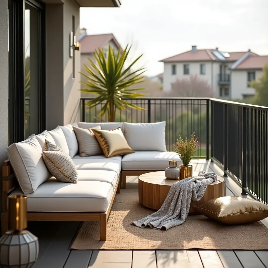 a photo of a balcony with metallic accent pillows and stylish throws