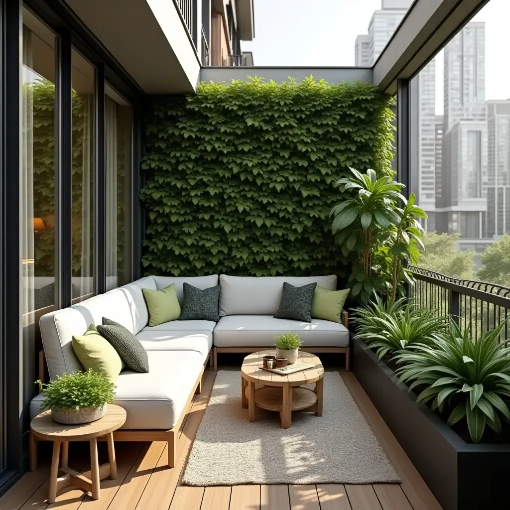 a photo of a cozy balcony with vertical garden and compact seating