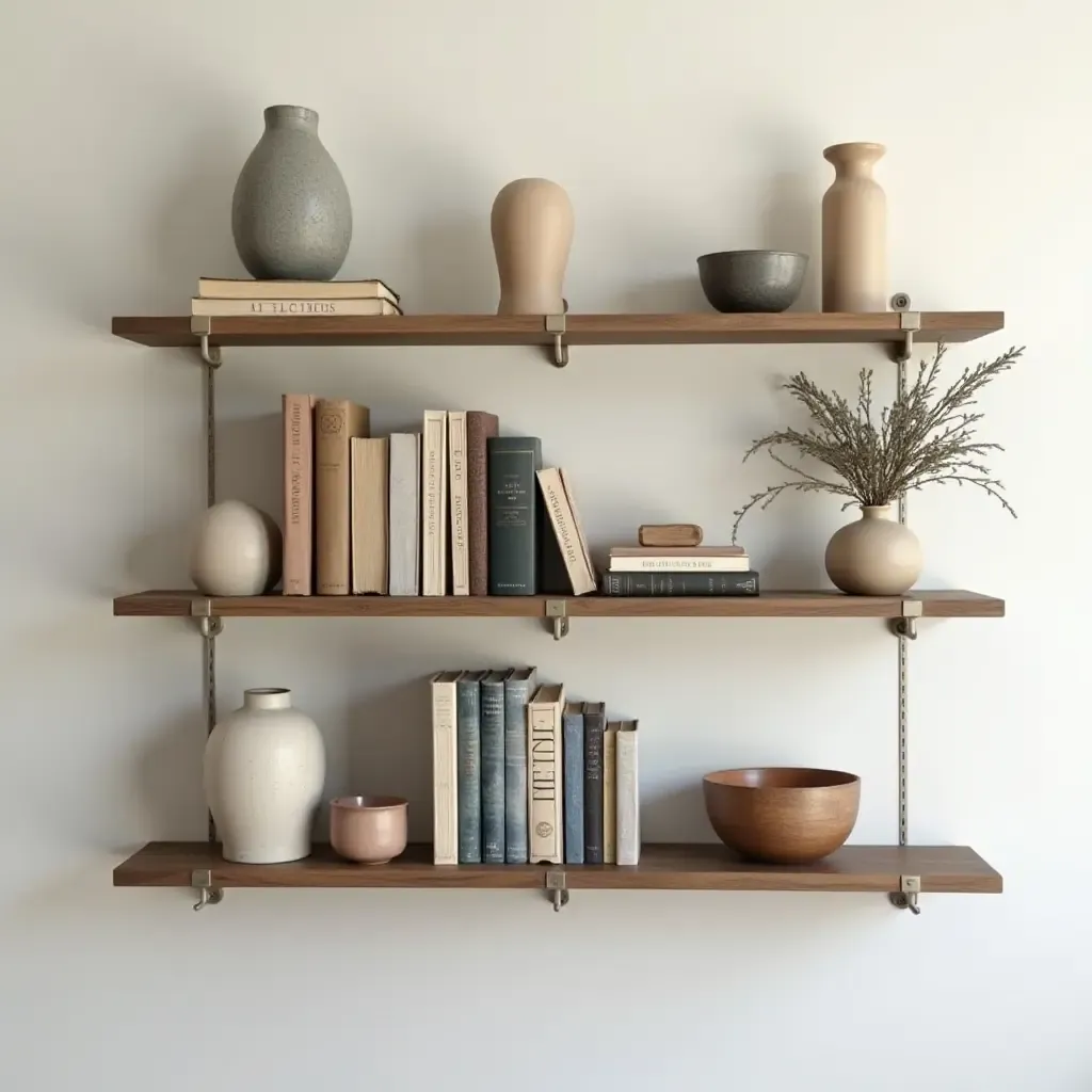 a photo of a creative wall shelf filled with books and decorative items