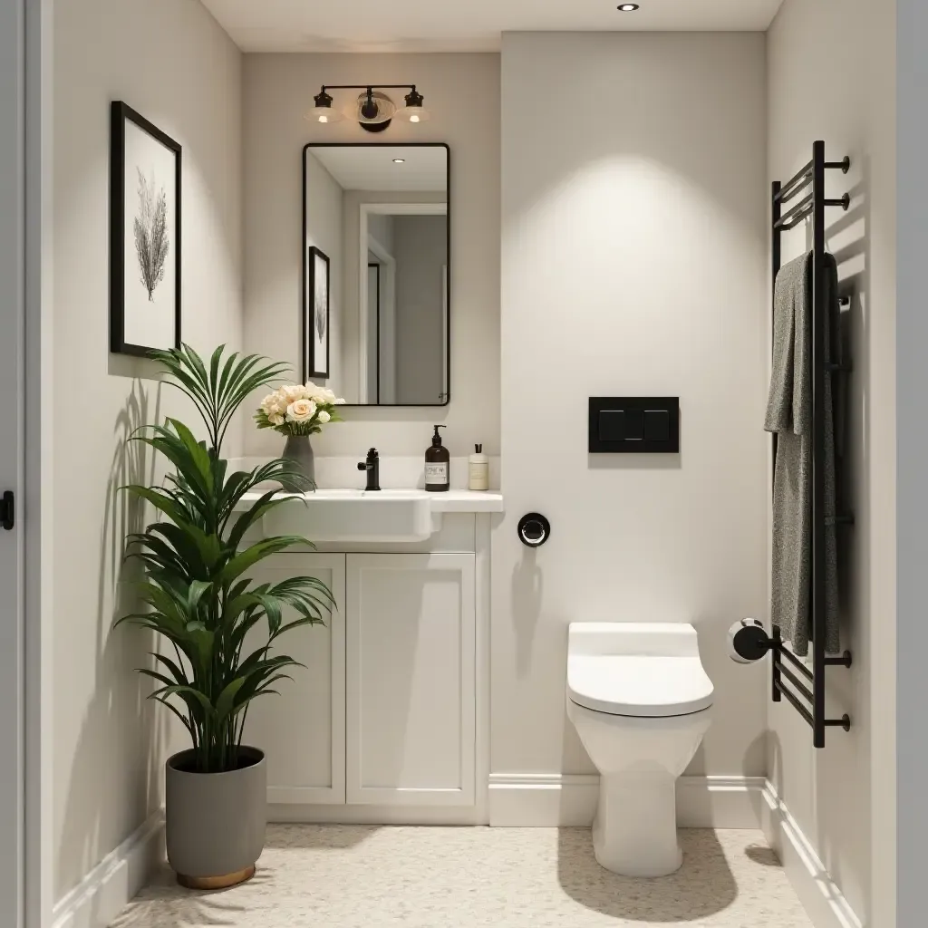 a photo of a small basement bathroom with green plant decor