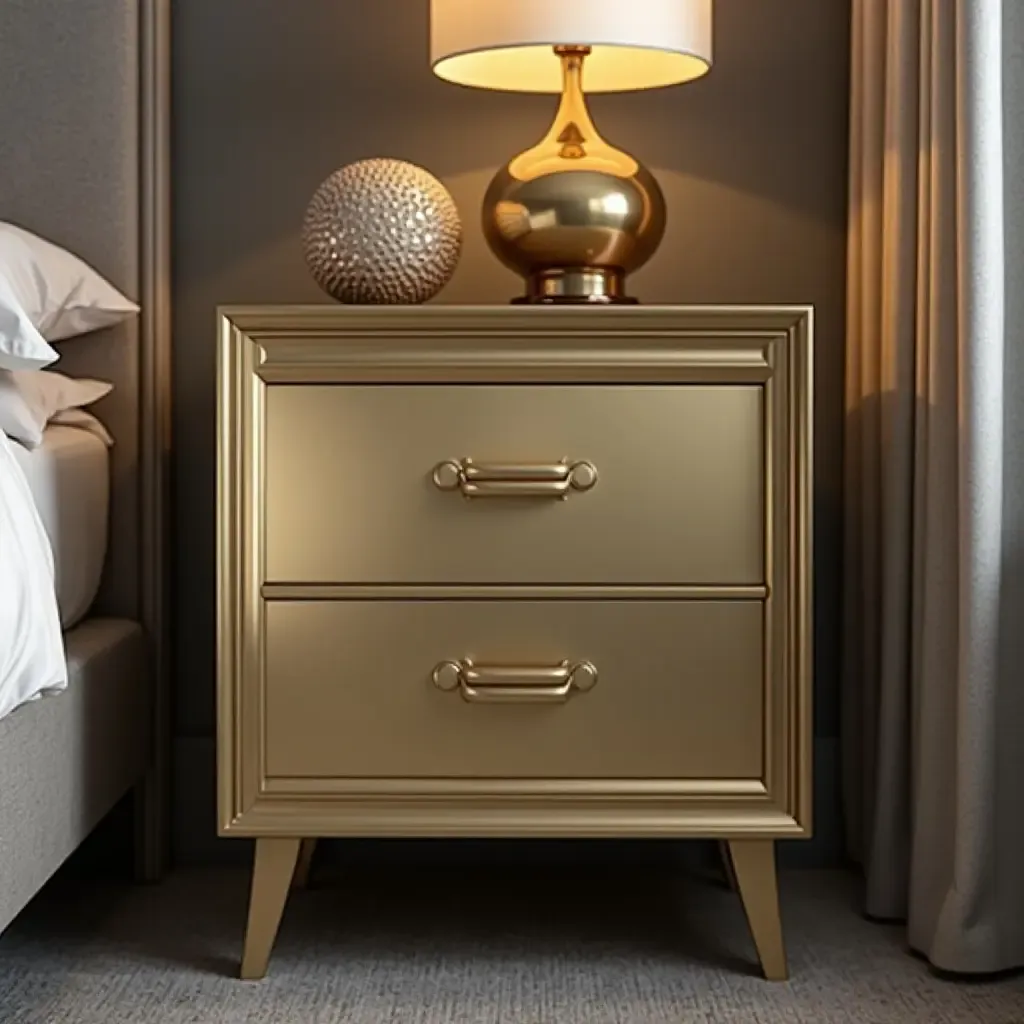 a photo of elegant gold accents on a nightstand