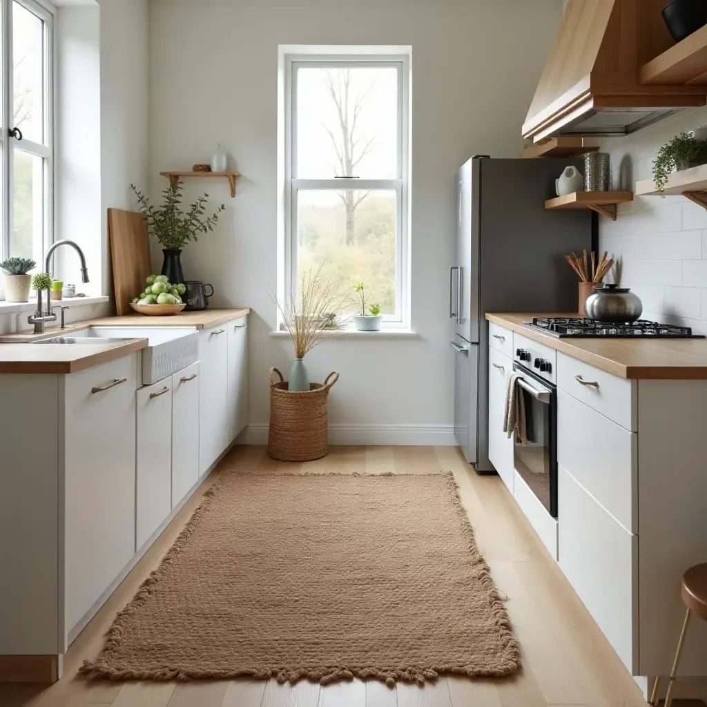 a photo of a kitchen with a rustic woven rug for texture