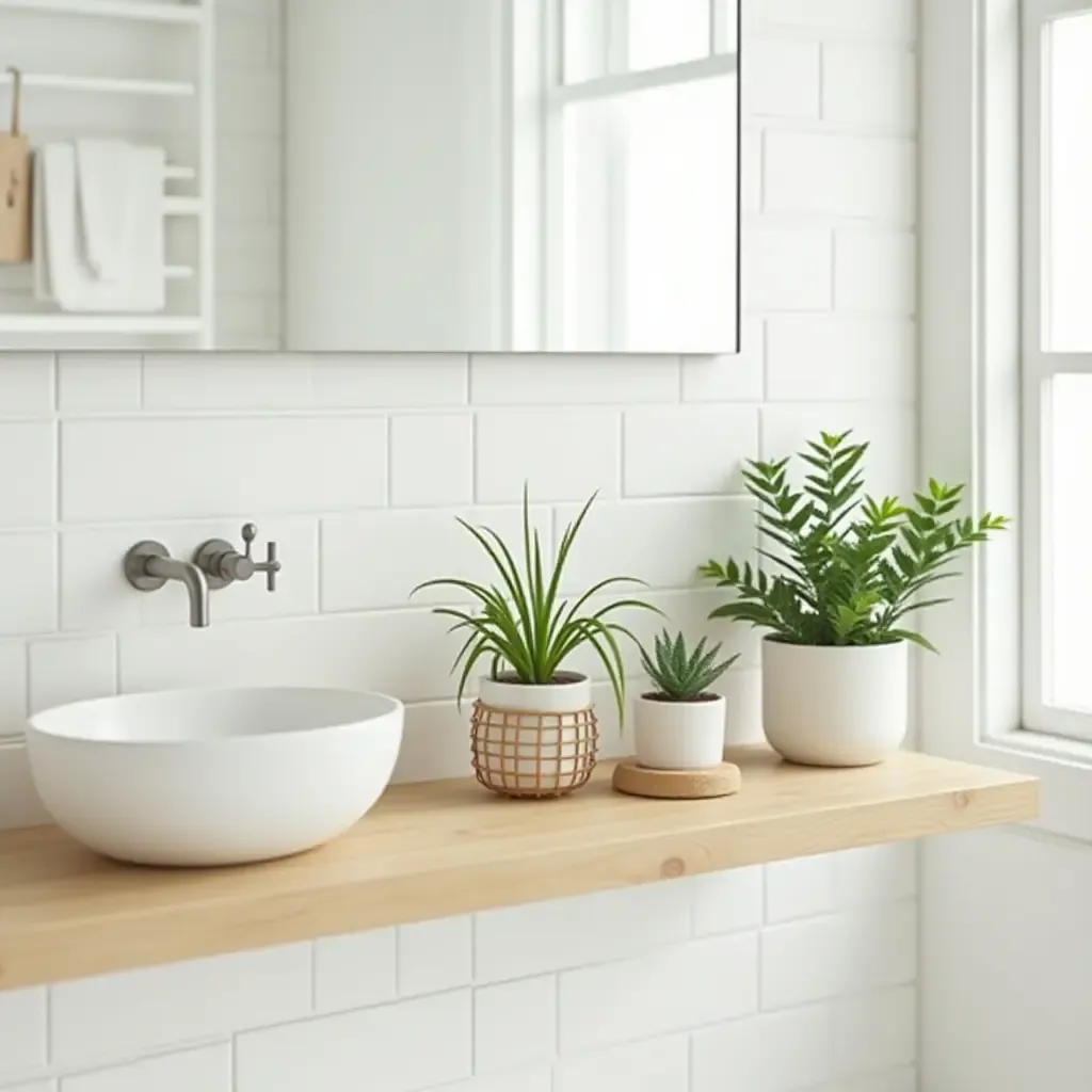 a photo of a wooden plant shelf in a bright and airy bathroom