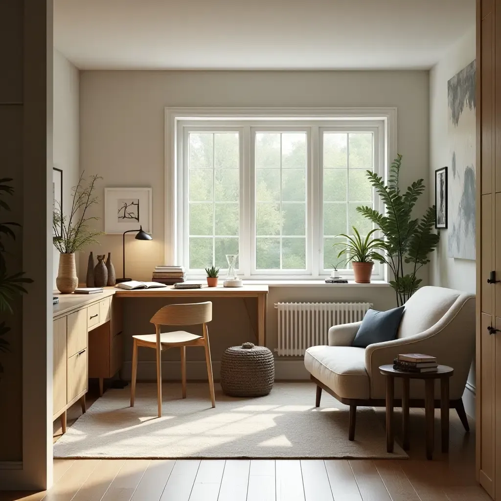 a photo of a serene basement study area with natural light