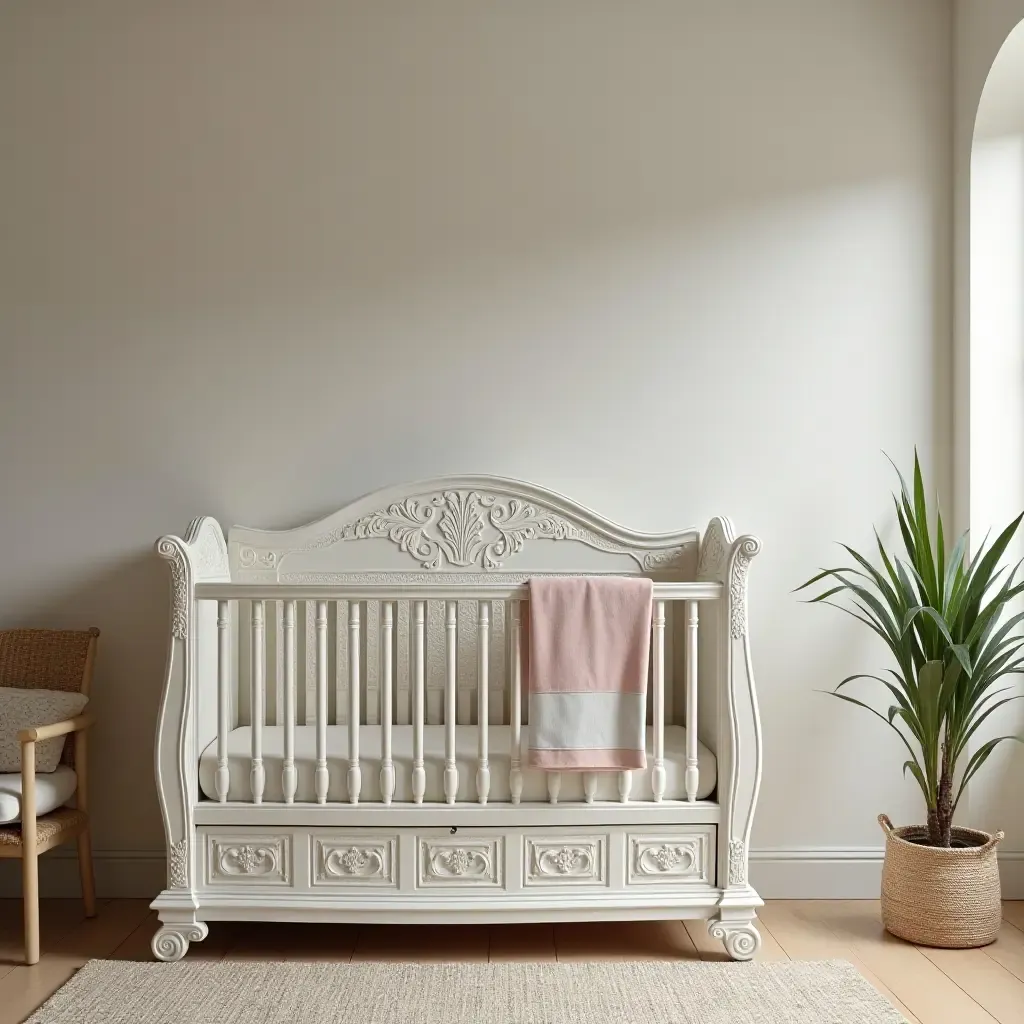 a photo of a nursery featuring Mediterranean-style furniture with intricate carvings