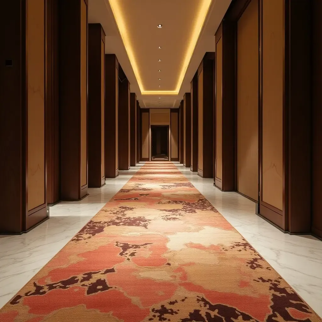 a photo of a sophisticated silk rug in a luxurious corridor