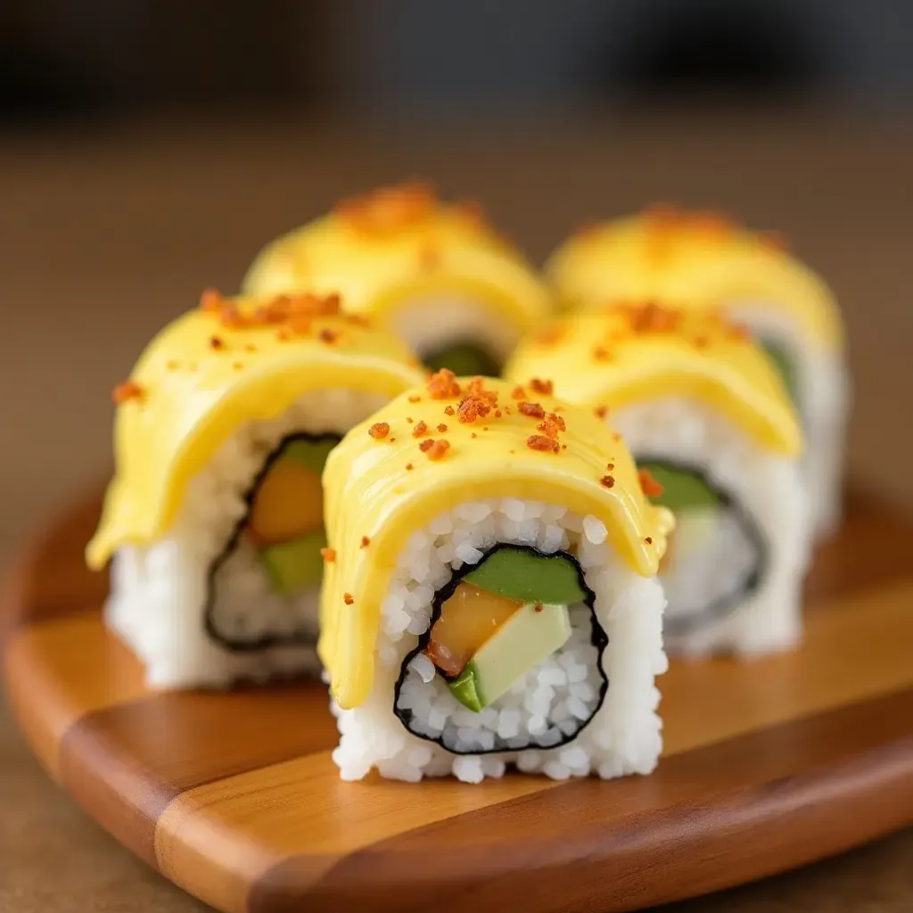 a photo of a creative egg-based sushi roll, sliced and presented on a wooden platter.