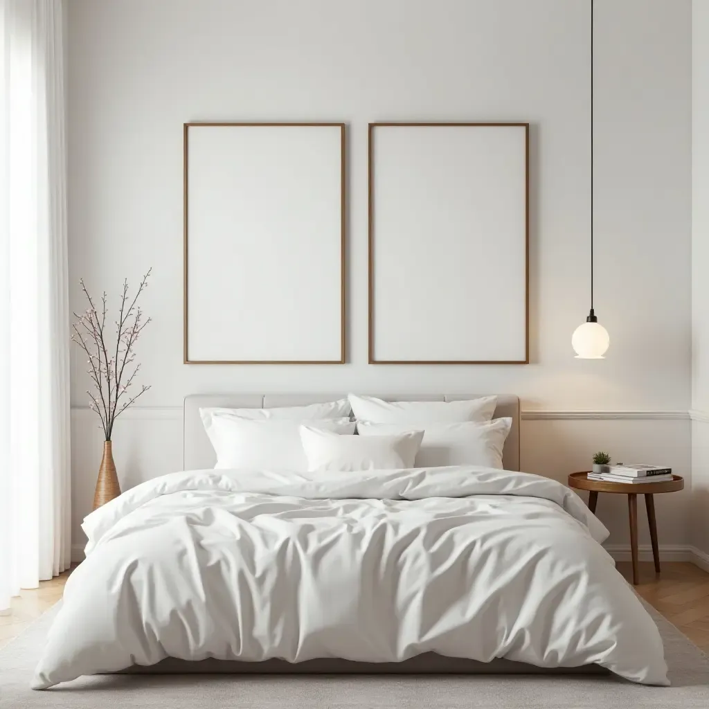 a photo of a minimalist bedroom showcasing metallic picture frames