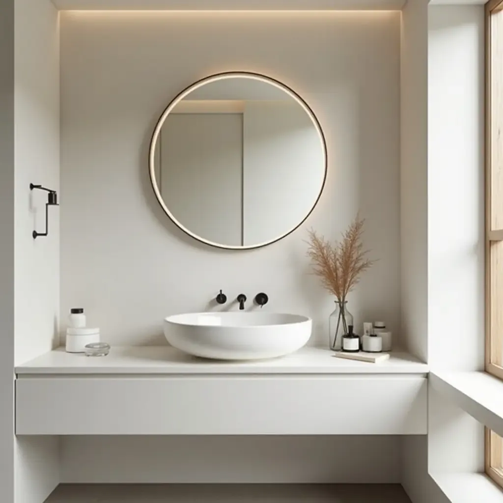 a photo of a bathroom featuring a round mirror above a bright sink