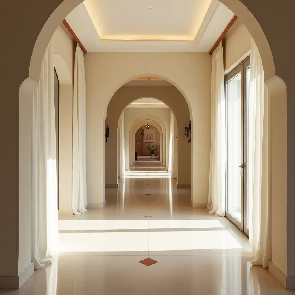 a photo of a serene corridor with soft curtains and Mediterranean-inspired art