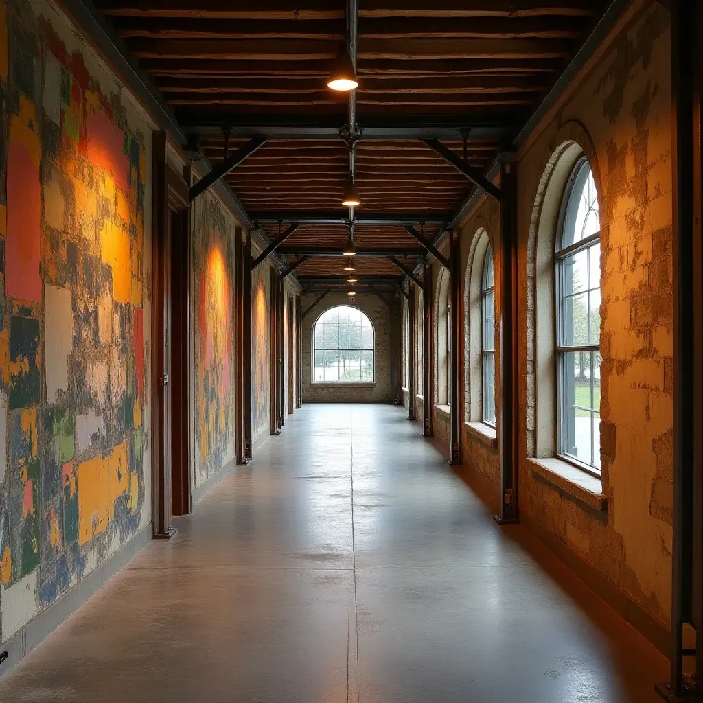 a photo of an artistic corridor blending eclectic fabric, reclaimed wood, and industrial metal