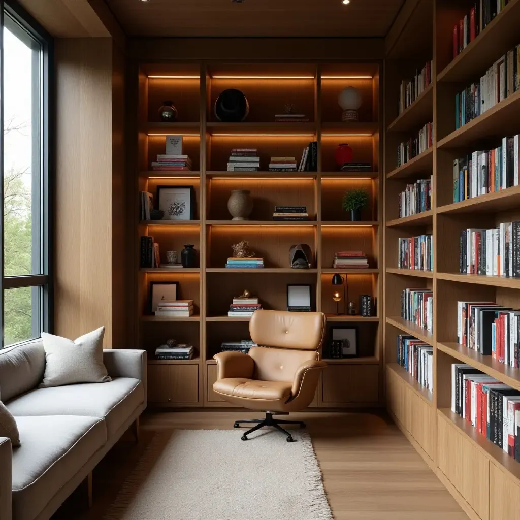 a photo of a small library featuring a unique bookshelf design