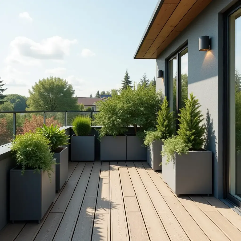 a photo of a modern balcony featuring decorative storage boxes and plants