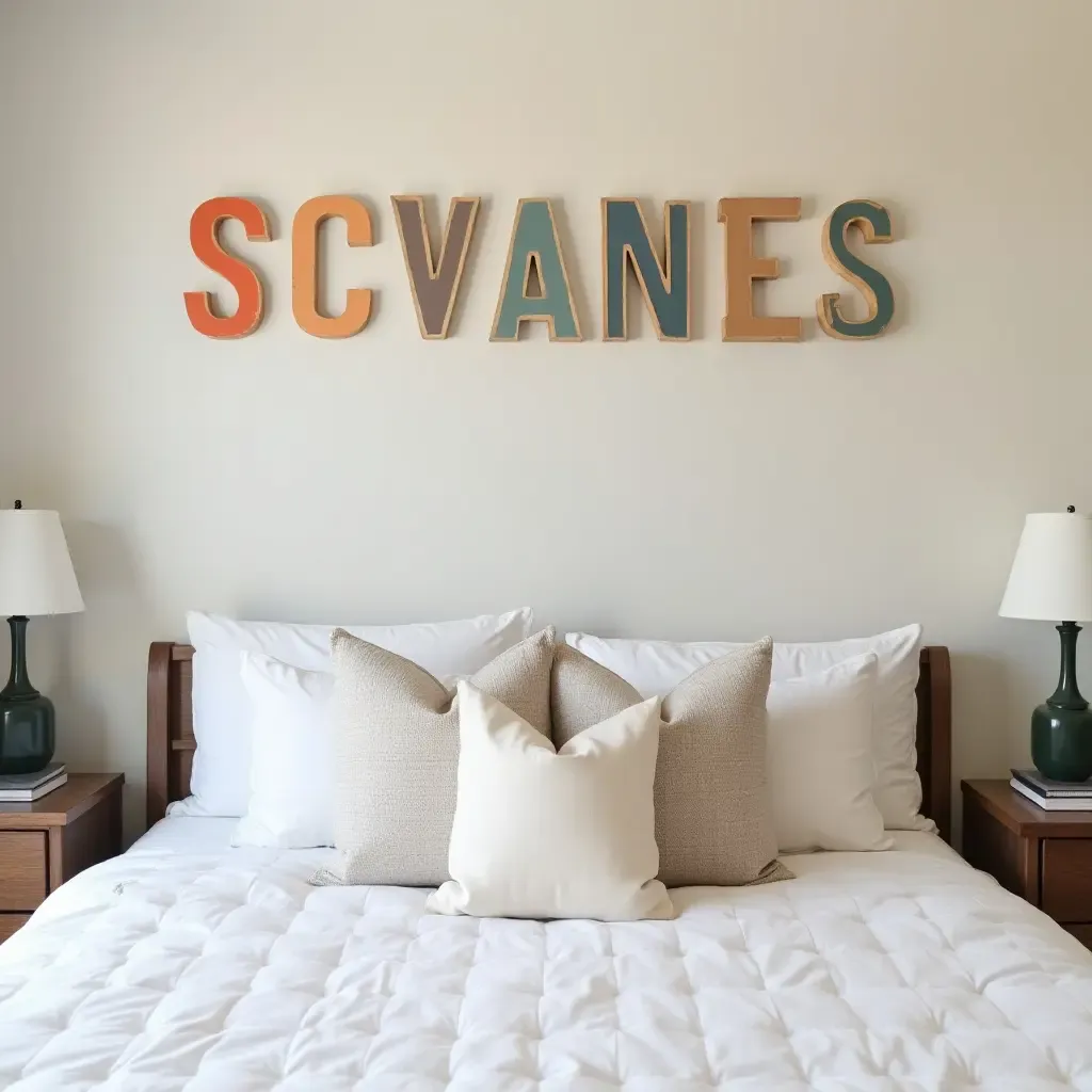 a photo of painted wooden letters spelling out a teen&#x27;s name above their bed