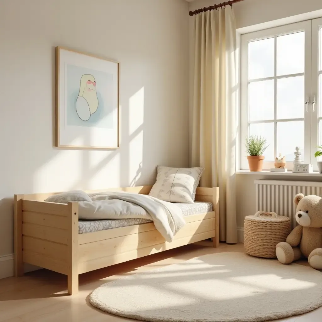 a photo of a warm kids&#x27; bedroom with a wooden toy chest