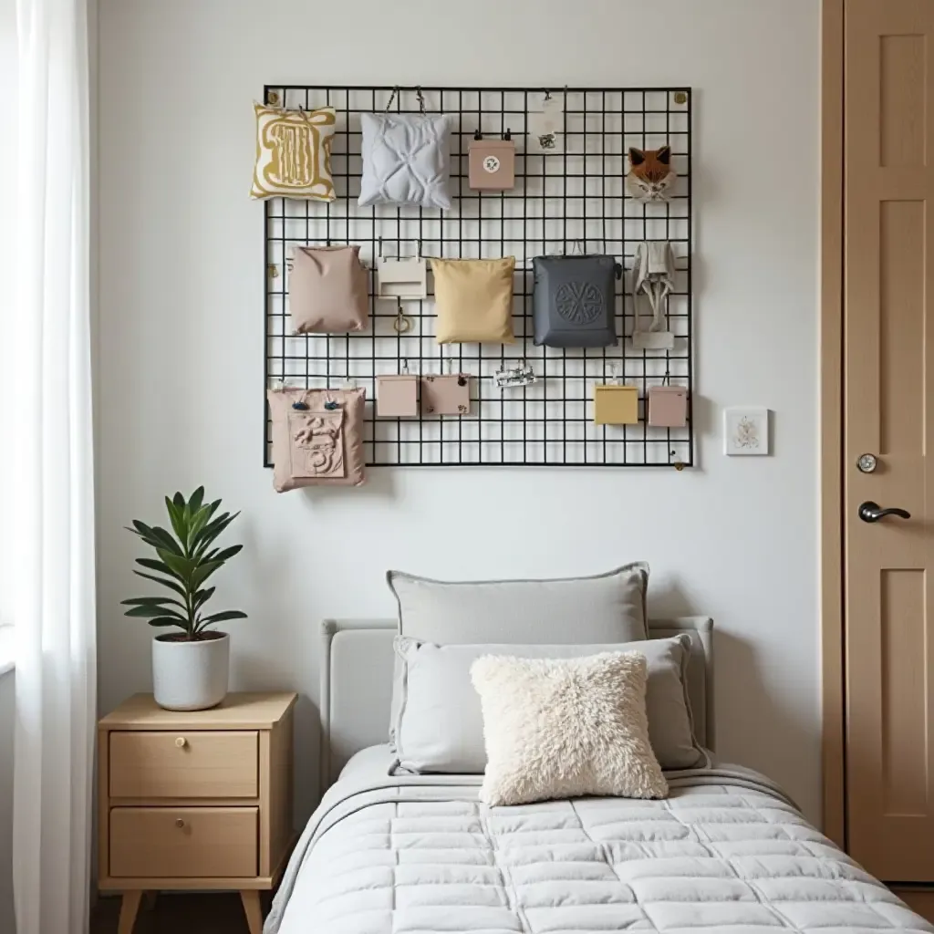 a photo of a teen bedroom with a metal grid wall organizer