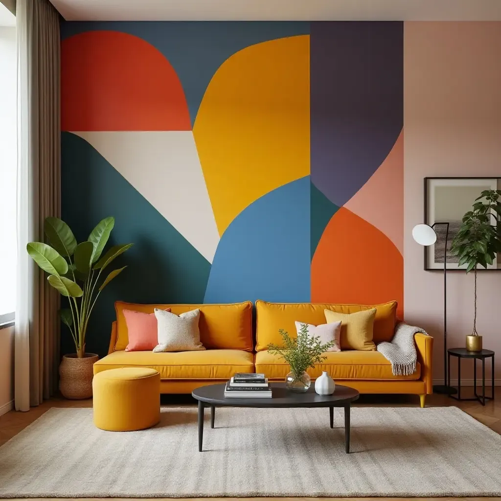 a photo of a living room with a bold geometric accent wall in vibrant colors