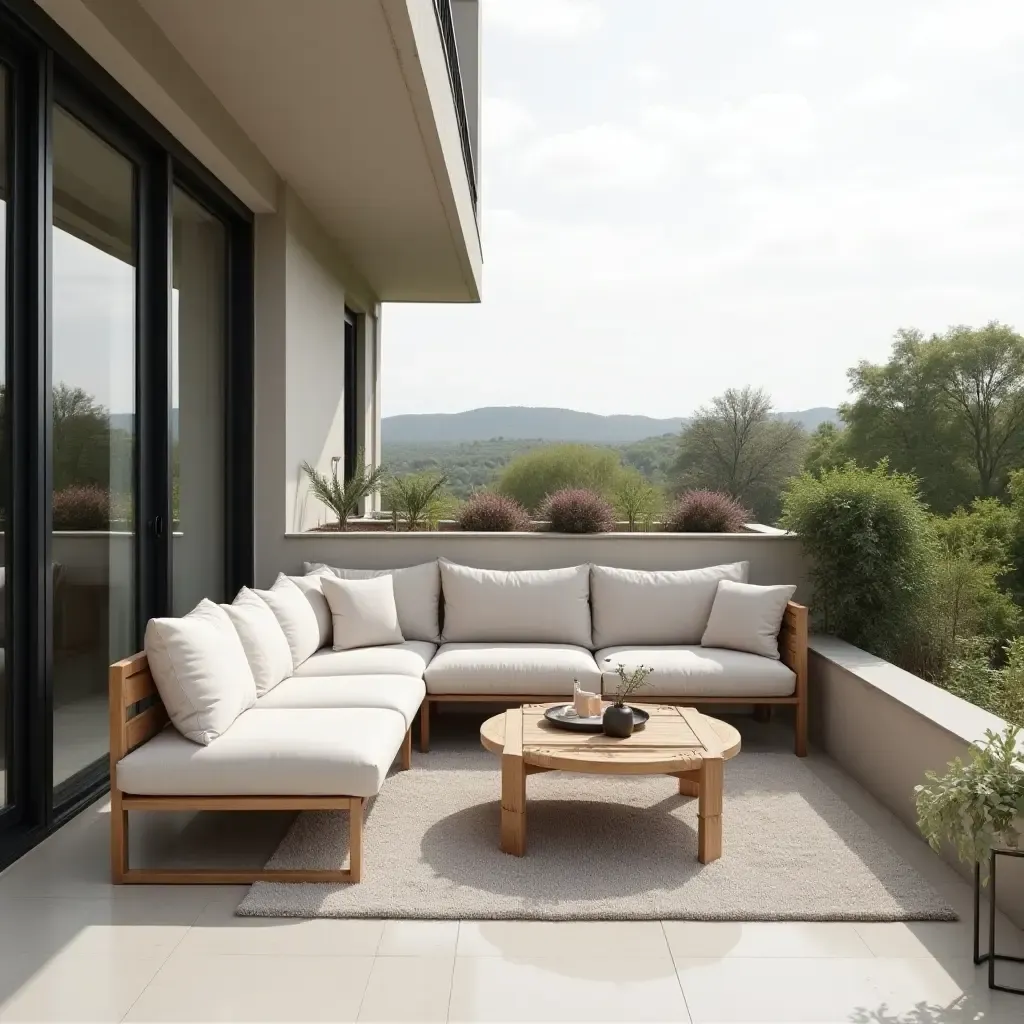 a photo of a balcony with a chic outdoor sofa and coffee table