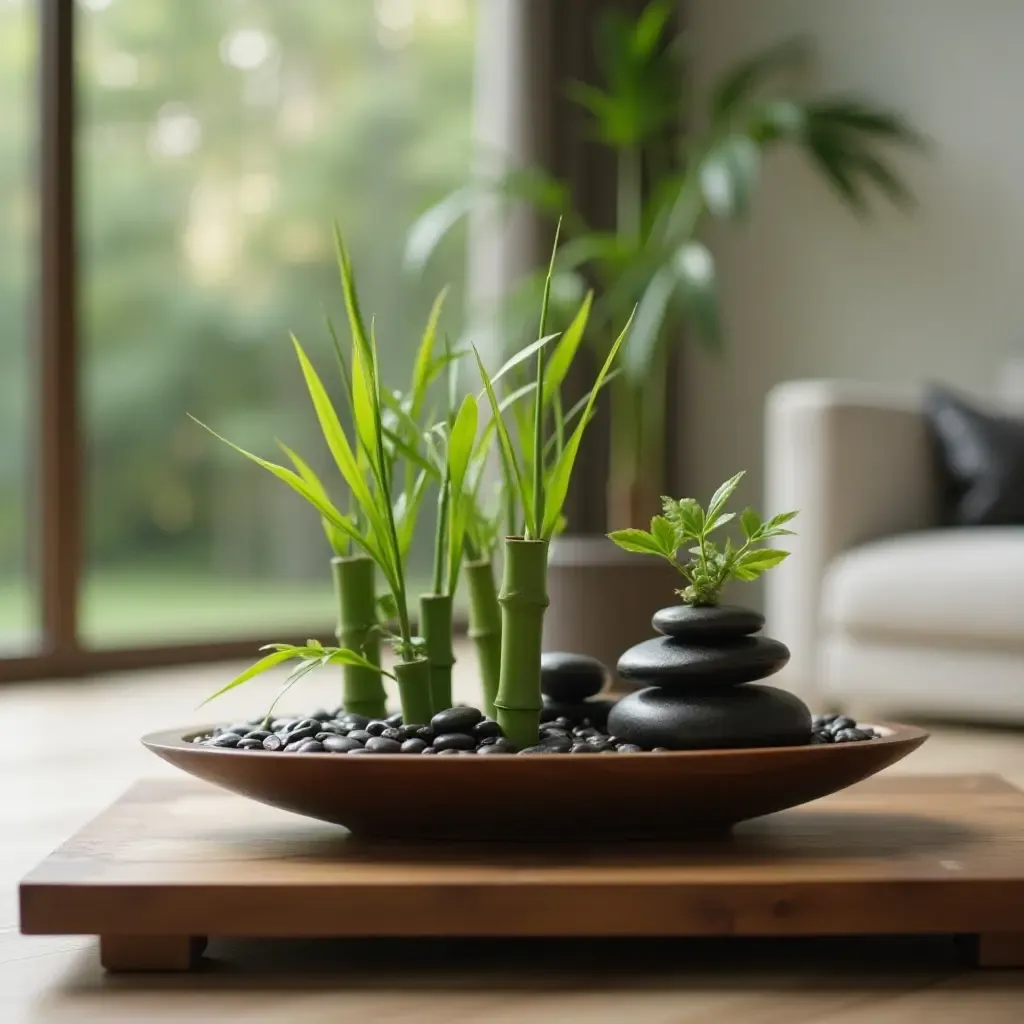 a photo of a zen-inspired coffee table centerpiece with bamboo and stones