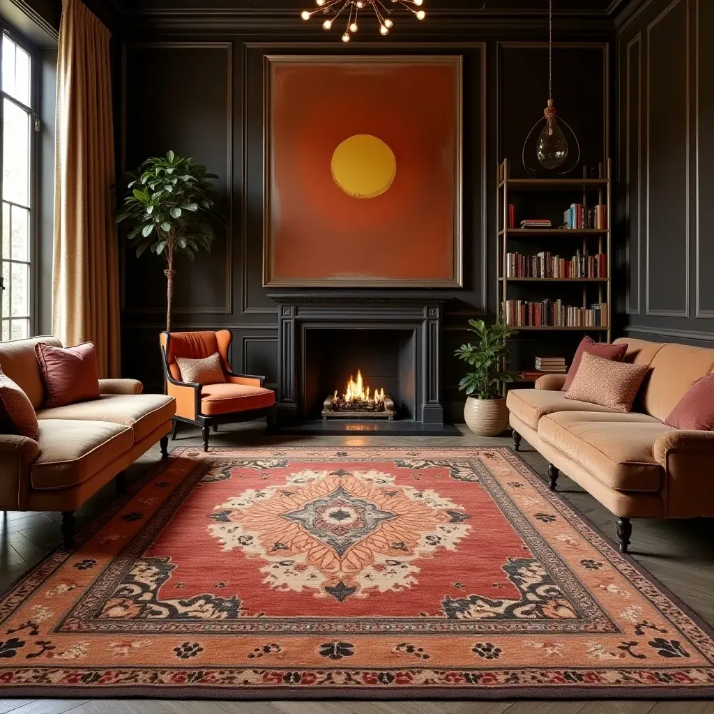 a photo of a luxurious silk rug with intricate designs in a stylish lounge