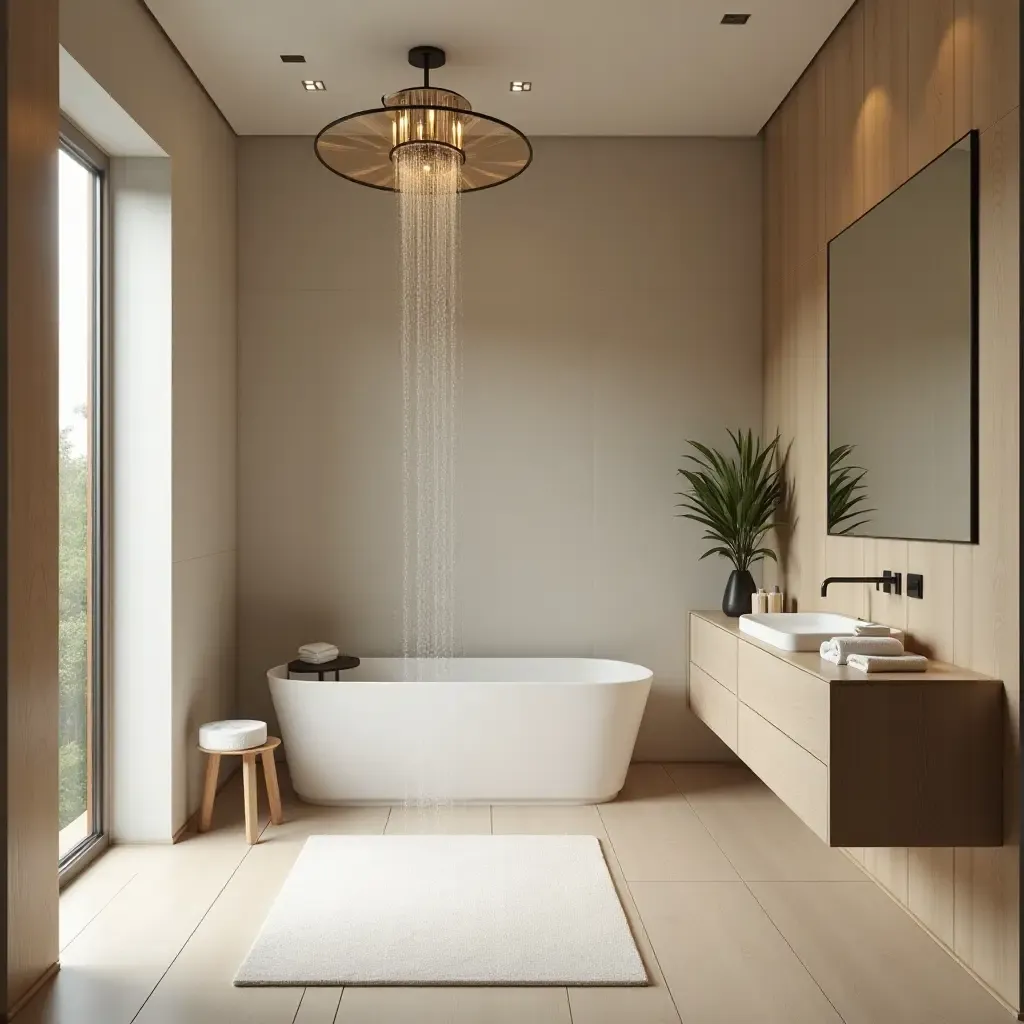 a photo of a calming bathroom with a rain shower and wooden elements