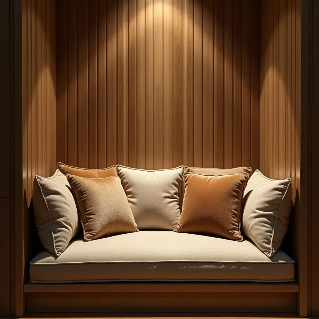 a photo of a cozy reading nook with metallic accents in cushions and lighting