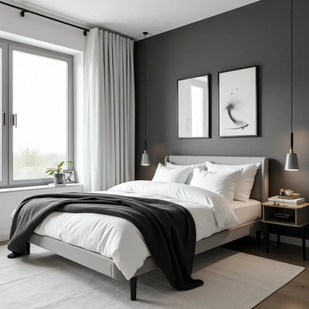 a photo of a modern monochrome black and white teen bedroom