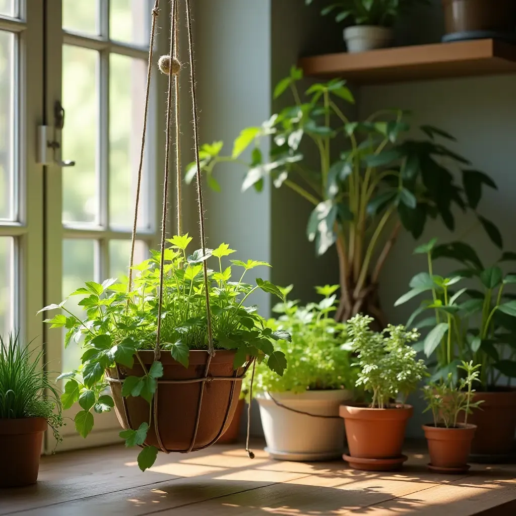 a photo of a cheerful space with hanging herb garden