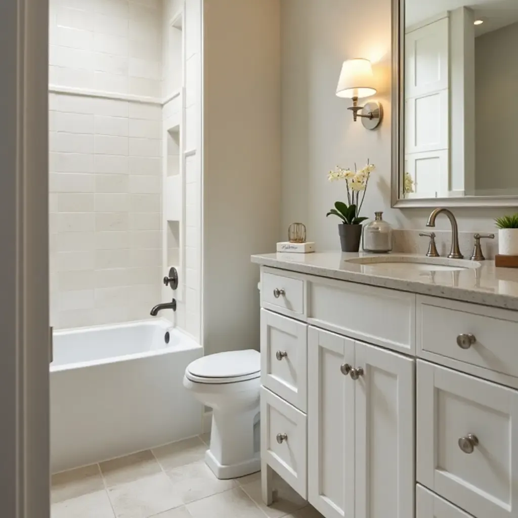 a photo of a bathroom with a personalized storage label system