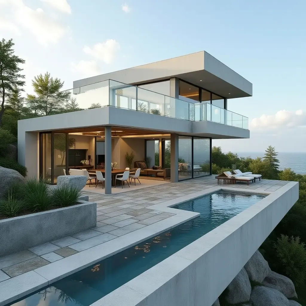 a photo of a sleek balcony with glass railings and a small water feature