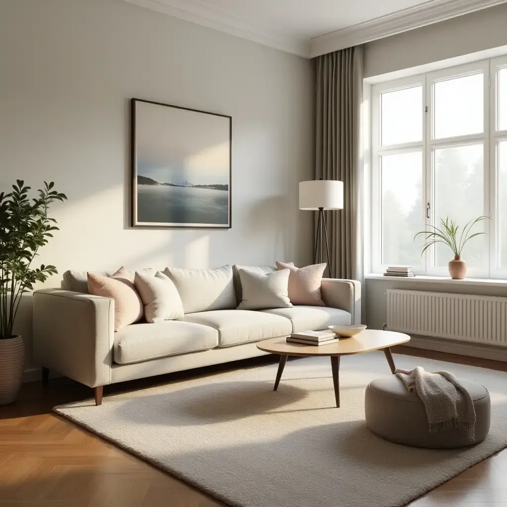 a photo of a serene living room with calming colors and soft furnishings