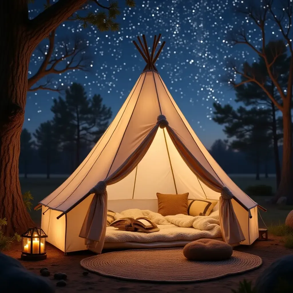 a photo of a reading nook with a tent and a starry ceiling