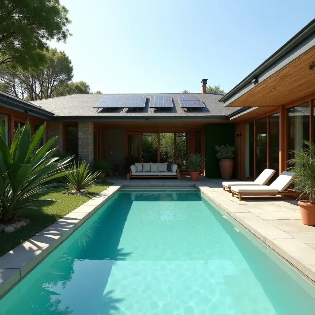 a photo of an eco-friendly pool area with solar panels and native plants