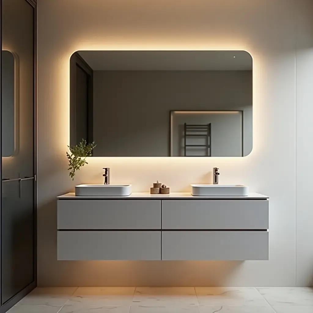 a photo of a contemporary vanity with sleek lines and integrated lighting