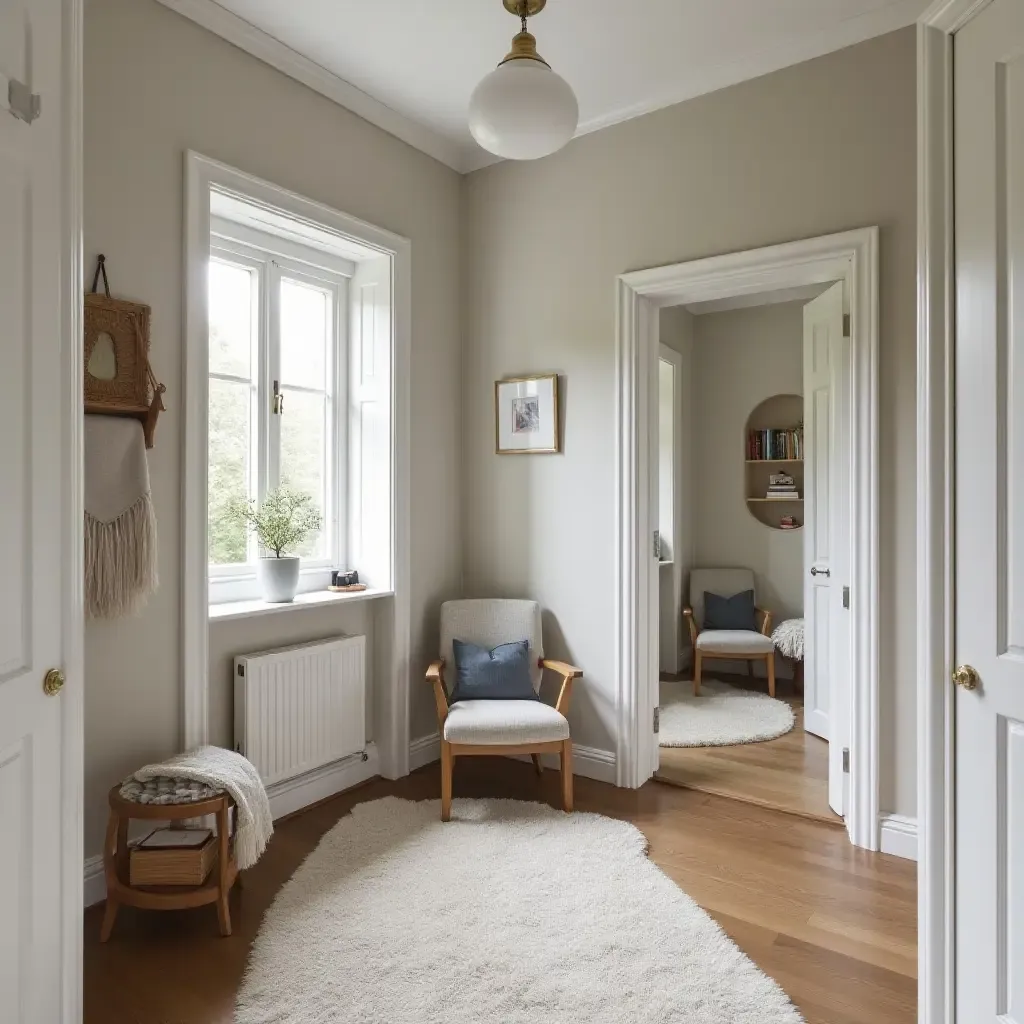 a photo of a Scandinavian-style entrance featuring a cozy reading nook