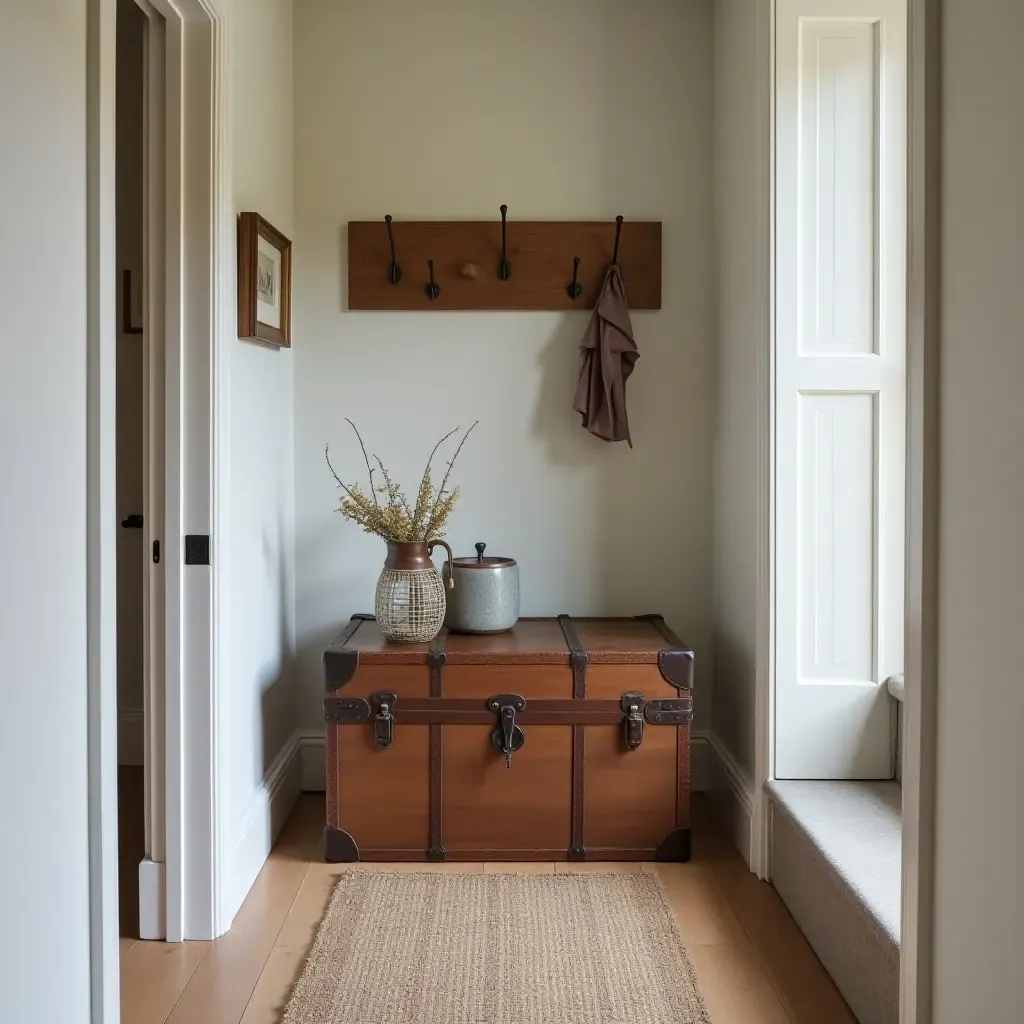 a photo of a stylish corridor with a vintage trunk and wall hooks