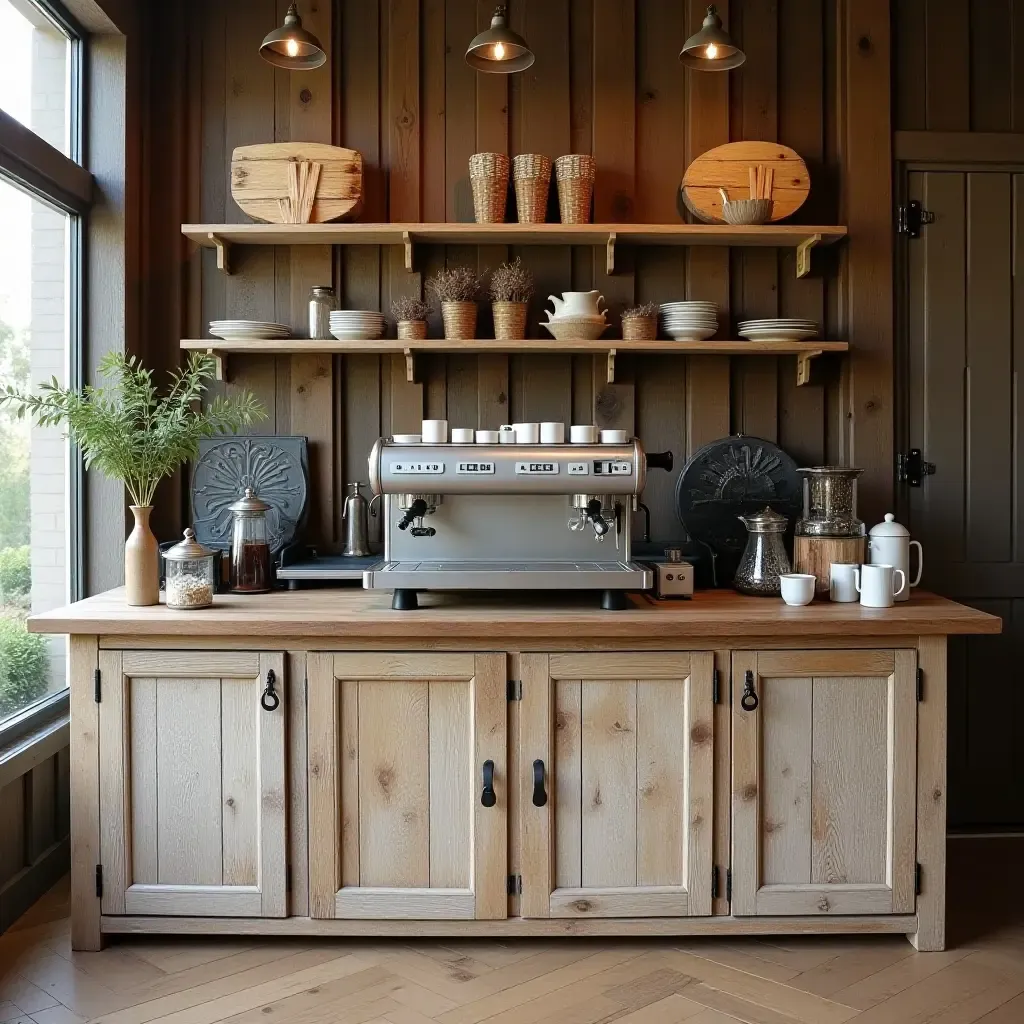 a photo of a rustic coffee station with reclaimed wood and vintage accents