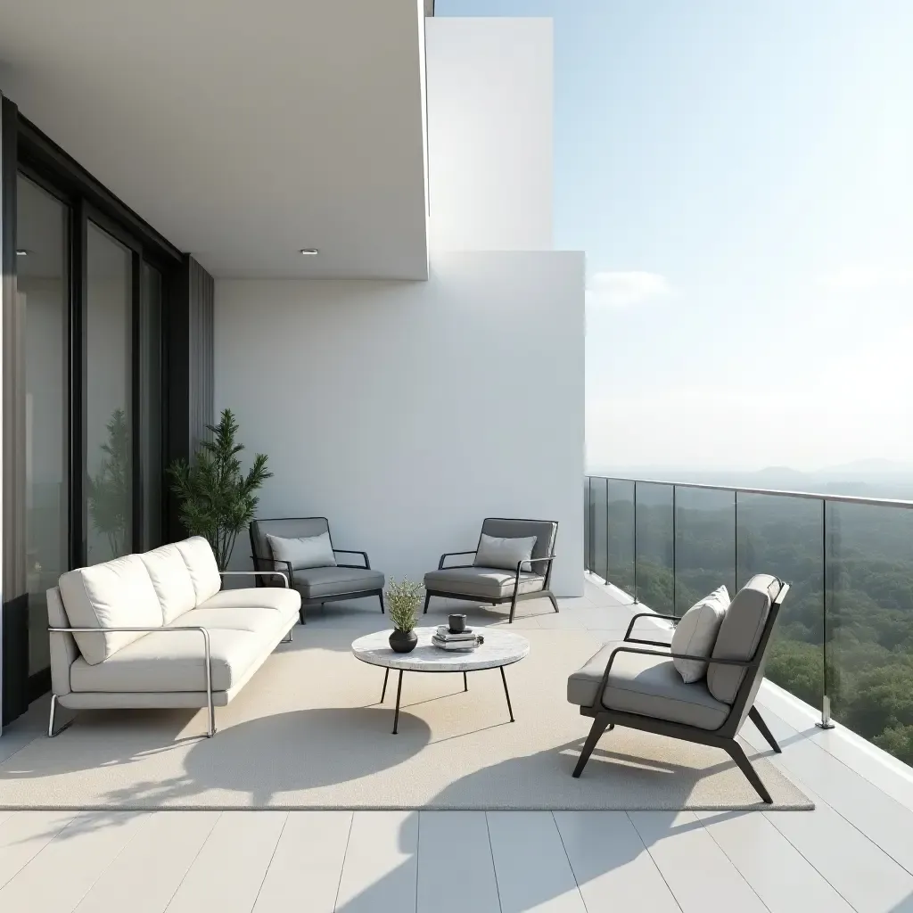 a photo of a minimalist balcony with sleek gray and white furniture