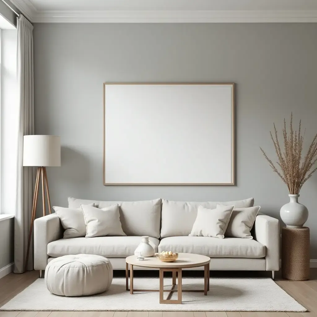 a photo of a serene living room with a soft gray accent wall and calming decor