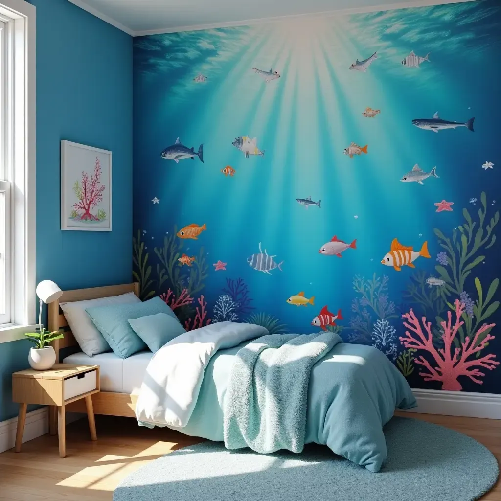 a photo of an underwater ocean-themed bedroom with marine life decorations