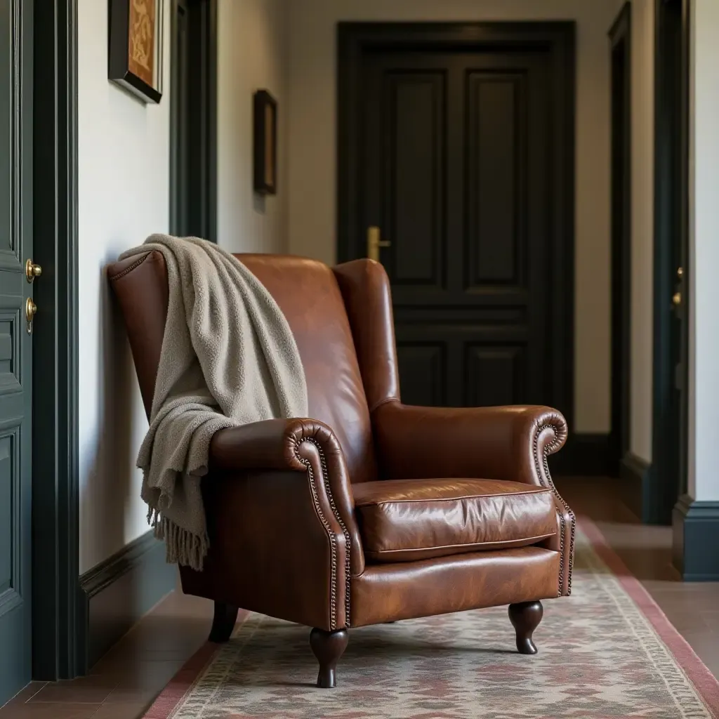 a photo of a distressed leather armchair in a hallway